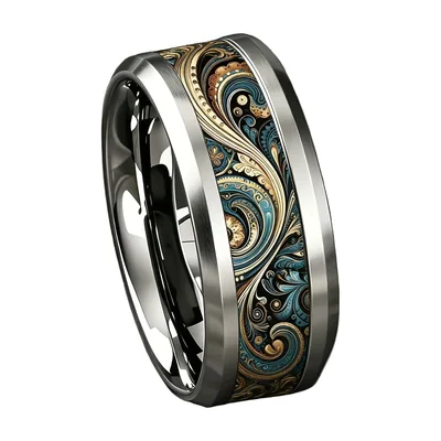Anillo de Acero Inoxidable con Diseño de Ondas Azules y Doradas