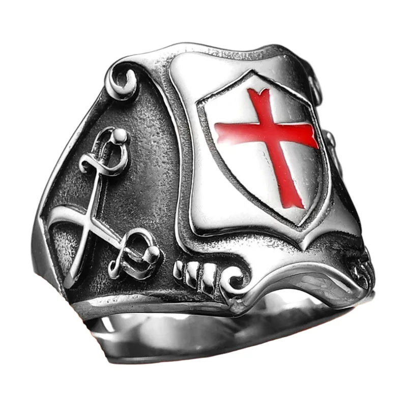 Templar Shield Ring with Red Cross, Stainless Steel
