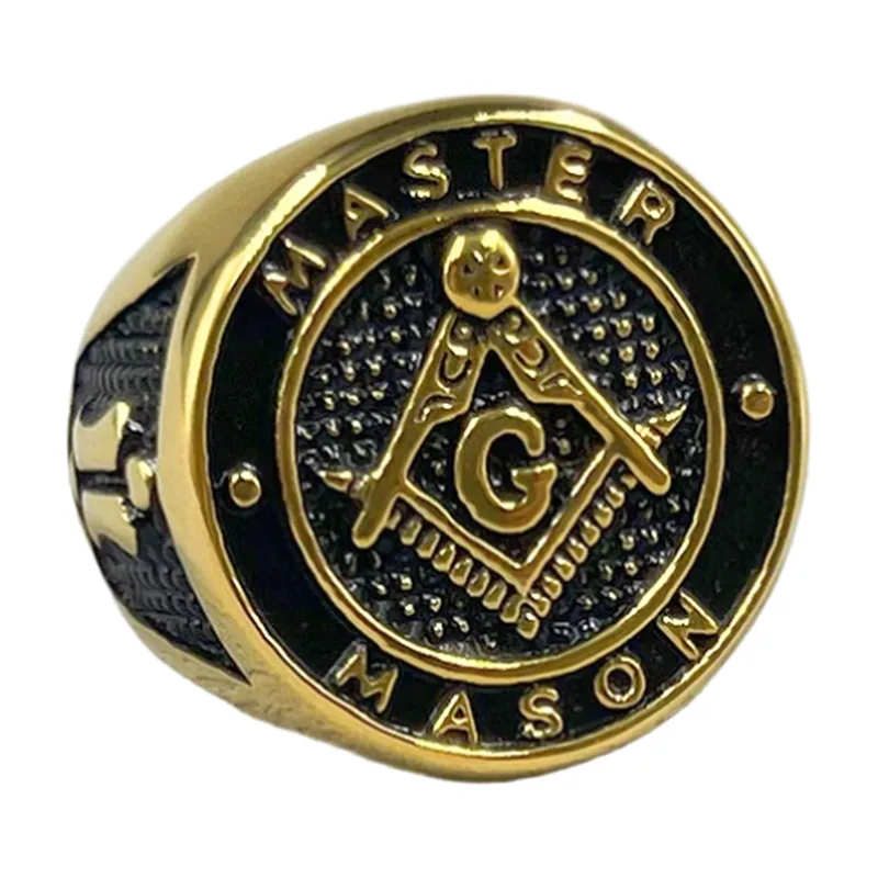 Masonic Square and Compass Signet Ring, Gold Tone Stainless Steel