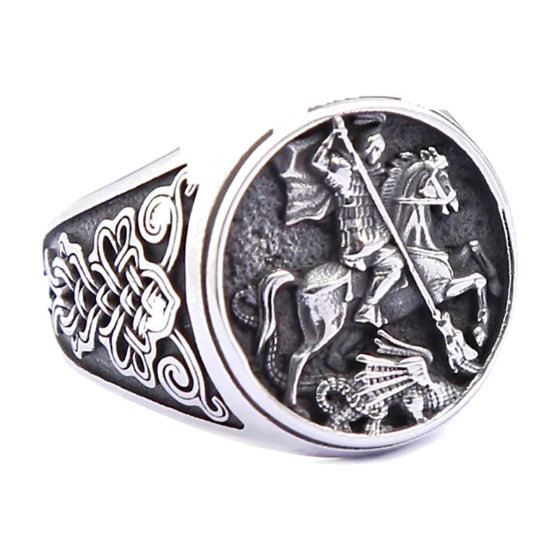 Anillo Sello de Caballero y Dragón con Nudos Celtas, Acero Inoxidable