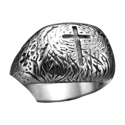 Cross Signet Ring with Textured Finish, Stainless Steel