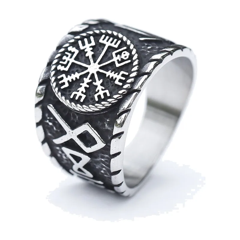 Vegvisir Wikinger Kompass-Ring mit Nordischen Runen, Edelstahl