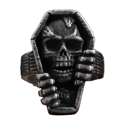 Anillo de Calavera en Ataúd con Manos de Esqueleto, Acero Inoxidable