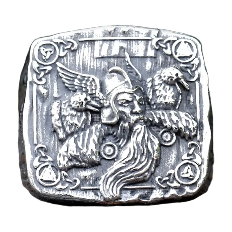 Chevalière Odin avec Corbeaux, Acier Inoxydable