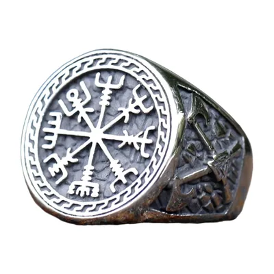 Anillo Sello Vikingo con Vegvisir y Hacha, Acero Inoxidable