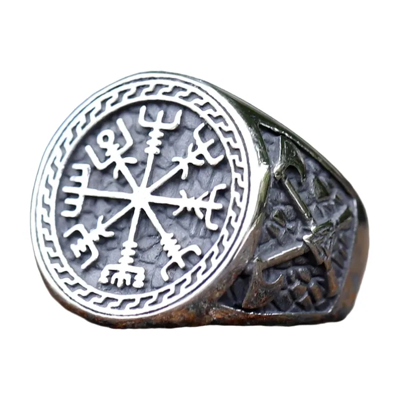 Wikinger Siegelring mit Vegvisir und Axt, Edelstahl