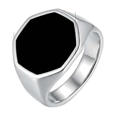 Anillo Sello Octogonal con Piedra Negra, Acero Inoxidable