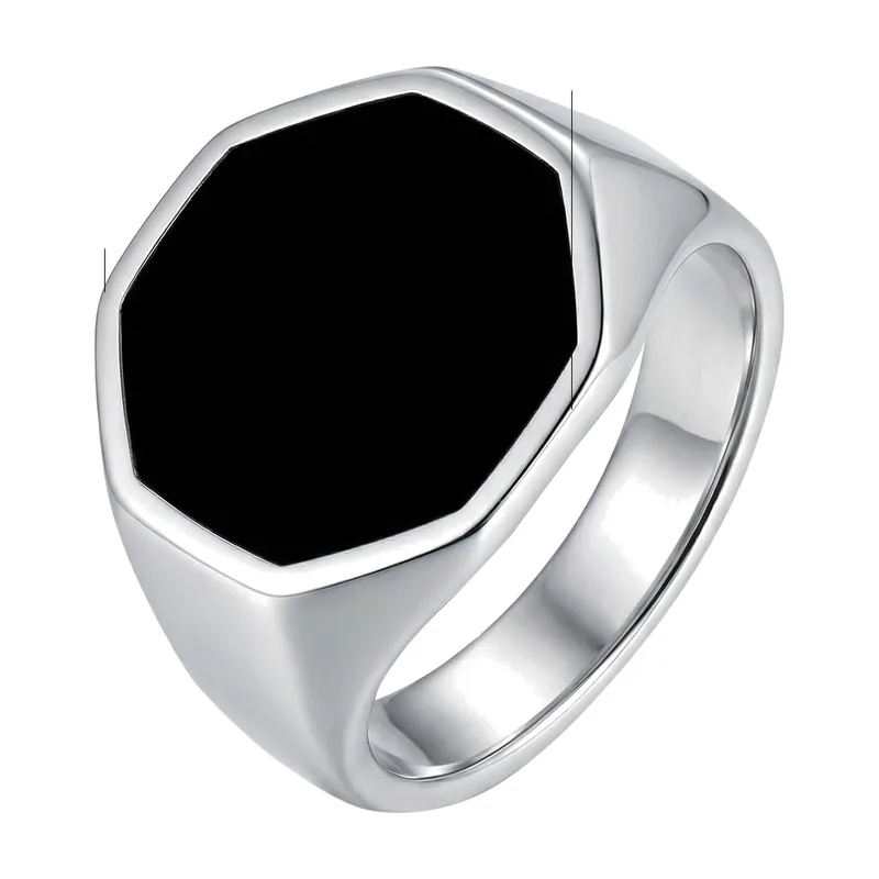 Bague Chevalière Octogonale avec Pierre Noire, Acier Inoxydable