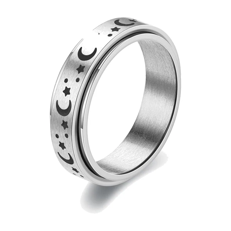 Bague rotative avec motif Lune et Étoiles, Acier Inoxydable