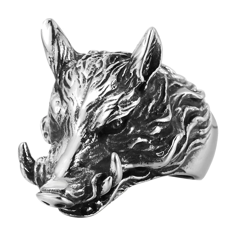 Anello Testa di Cinghiale, Acciaio Inossidabile 316L