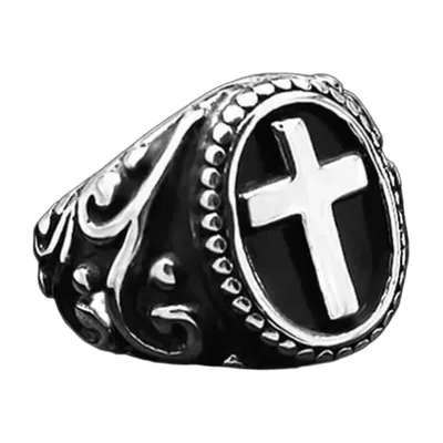Chevalière avec Croix et Pierre Noire, Acier Inoxydable 316L