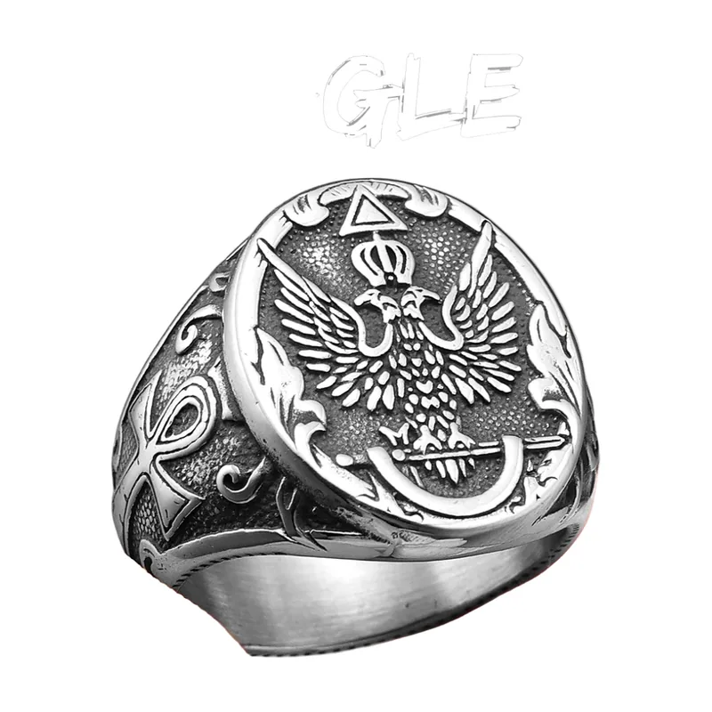 Double Headed Eagle Signet Ring with Ankh, Stainless Steel