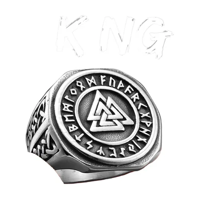 Anillo Sello Valknut Vikingo con Runas, Acero Inoxidable
