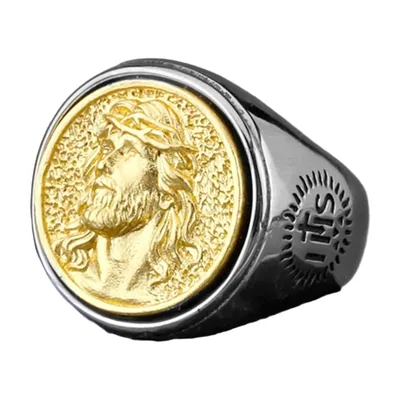 Anello Sigillo con Moneta Religiosa Gesù, Acciaio Inox