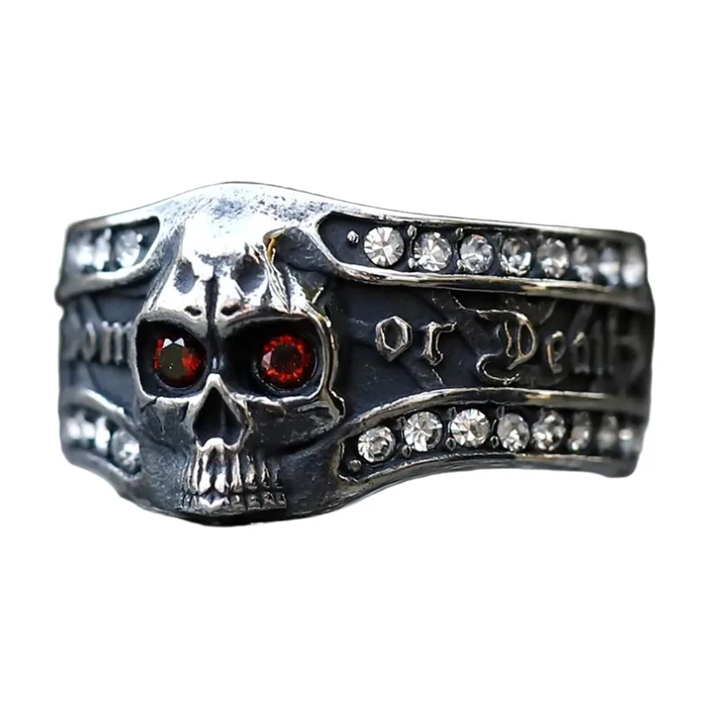 Anello Teschio con Pietre Rosse e Zirconia, Acciaio Inossidabile