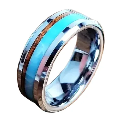 Anillo de Banda con Incrustaciones de Turquesa Azul y Madera, Acero Inoxidable