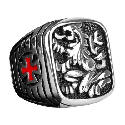 Anello Sigillo Leone con Croce Rossa, Acciaio Inossidabile