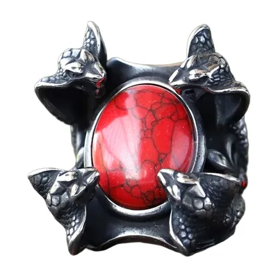 Anillo de Cabezas de Serpiente con Piedra Roja, Acero Inoxidable 316L