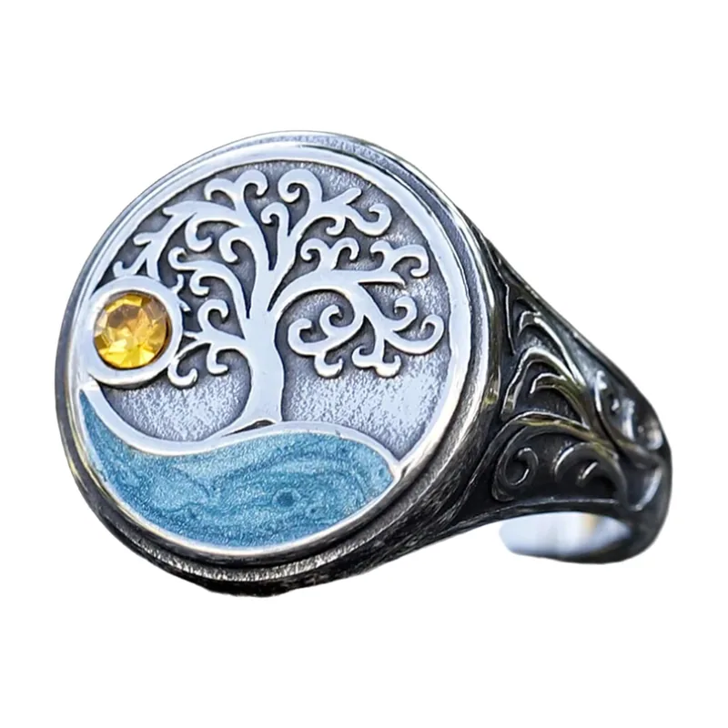 Yggdrasil Lebensbaum Siegelring mit gelbem Stein, Edelstahl