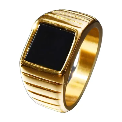 Square Signet Ring with Black Onyx, Stainless Steel