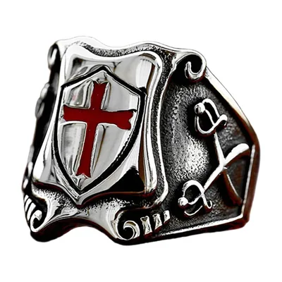 Templar Knight Shield Ring with Red Cross, Stainless Steel