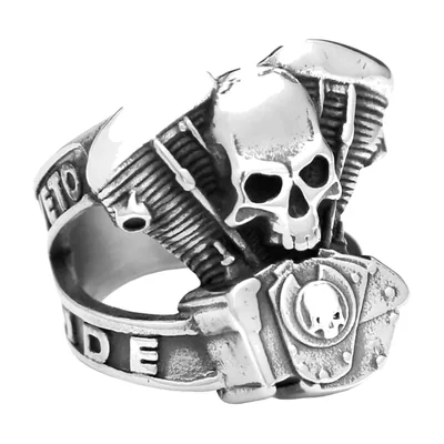 Anillo Biker con motivo de Calavera y Motor, Acero Inoxidable