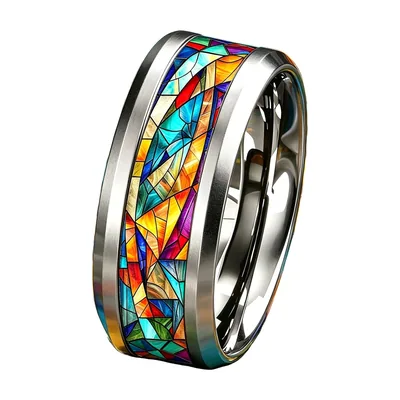 Anillo de Banda Efecto Vidriera Mosaico, Acero Inoxidable