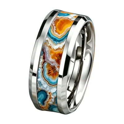 Anillo de banda con incrustación de nácar de abulón, Acero Inoxidable