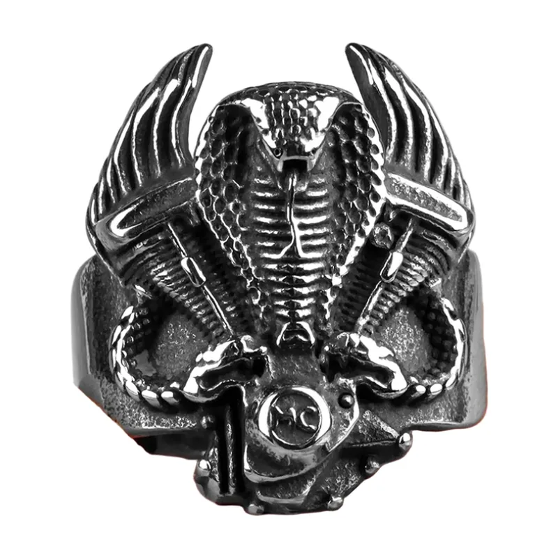 Anello con Cobra e Motore in Acciaio Inossidabile