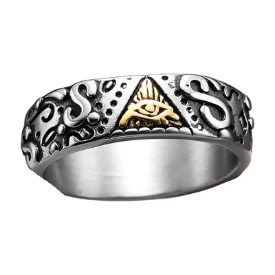 Anillo Sello Ojo de la Providencia con Detalles Dorados, Acero Inoxidable