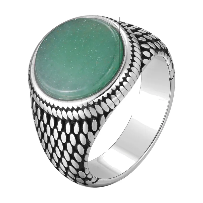 Vintage Signet Ring with Green Stone and Scale Pattern, Stainless Steel