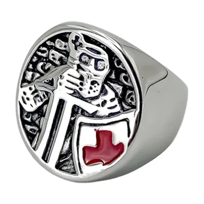 Anillo Sello de Caballero Templario con Cruz Roja, Acero Inoxidable