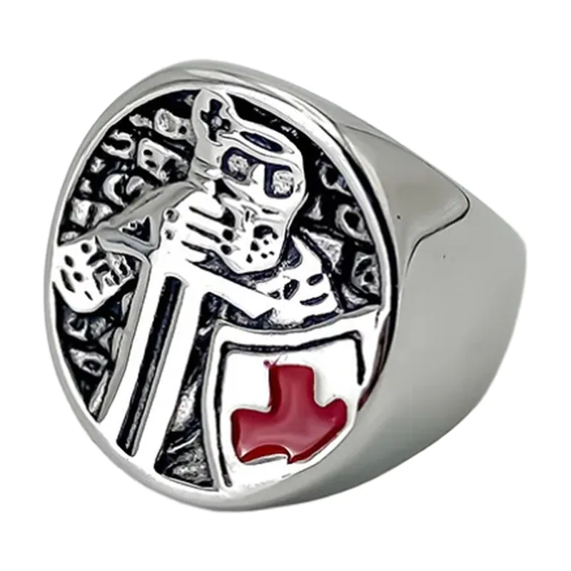 Anello Sigillo Cavaliere Templare con Croce Rossa, Acciaio Inossidabile