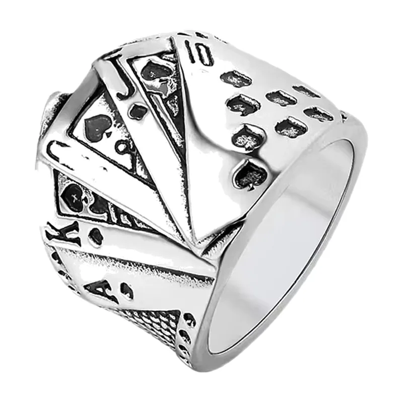 Anello Sigillo con Carte da Gioco e Zirconi Neri, Acciaio Inossidabile