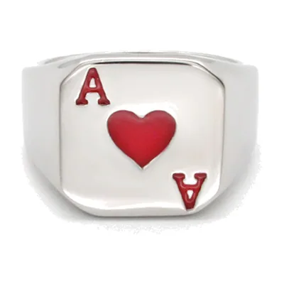 Anillo Sello Cuadrado con As de Corazones, Acero Inoxidable 316L