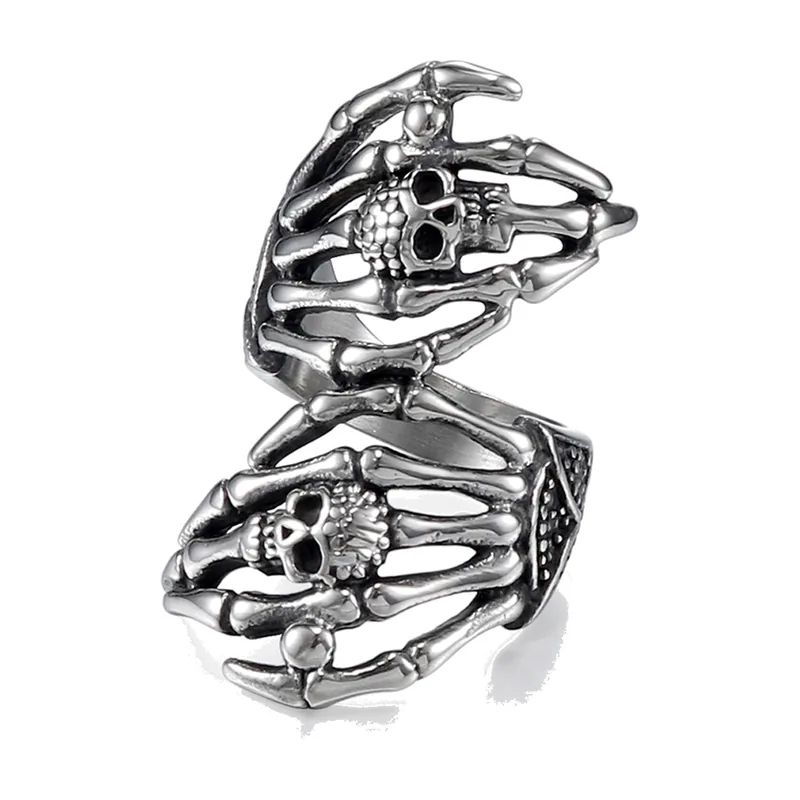 Skeleton Hand Ring with Skull Motifs, Stainless Steel