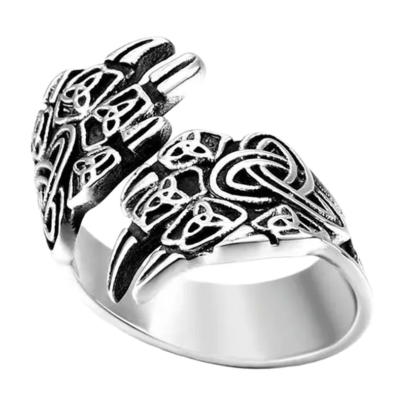 Viking Raven Head Ring with Celtic Knots, Stainless Steel