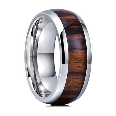 Band Ring with Koa Wood Inlay, Stainless Steel