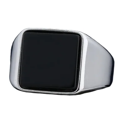 Square Signet Ring with Black Stone, Stainless Steel