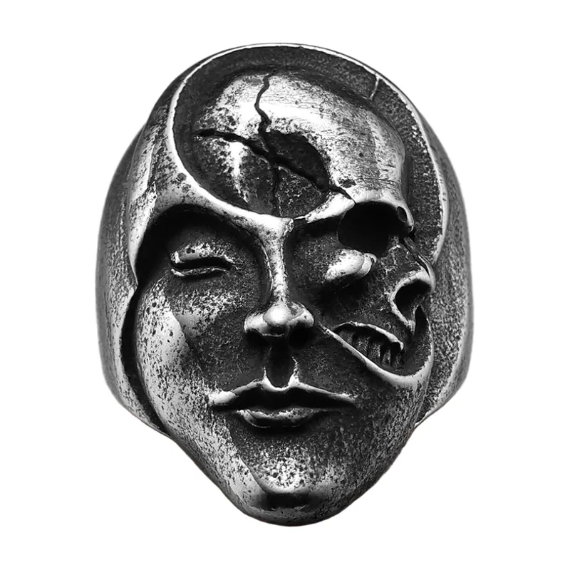 Anello Statement con Volto e Teschio, Acciaio Inossidabile Antico