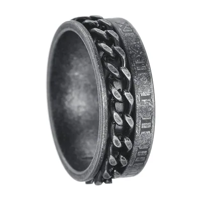 Spinner Ring with Roman Numerals and Chain Detail, Stainless Steel