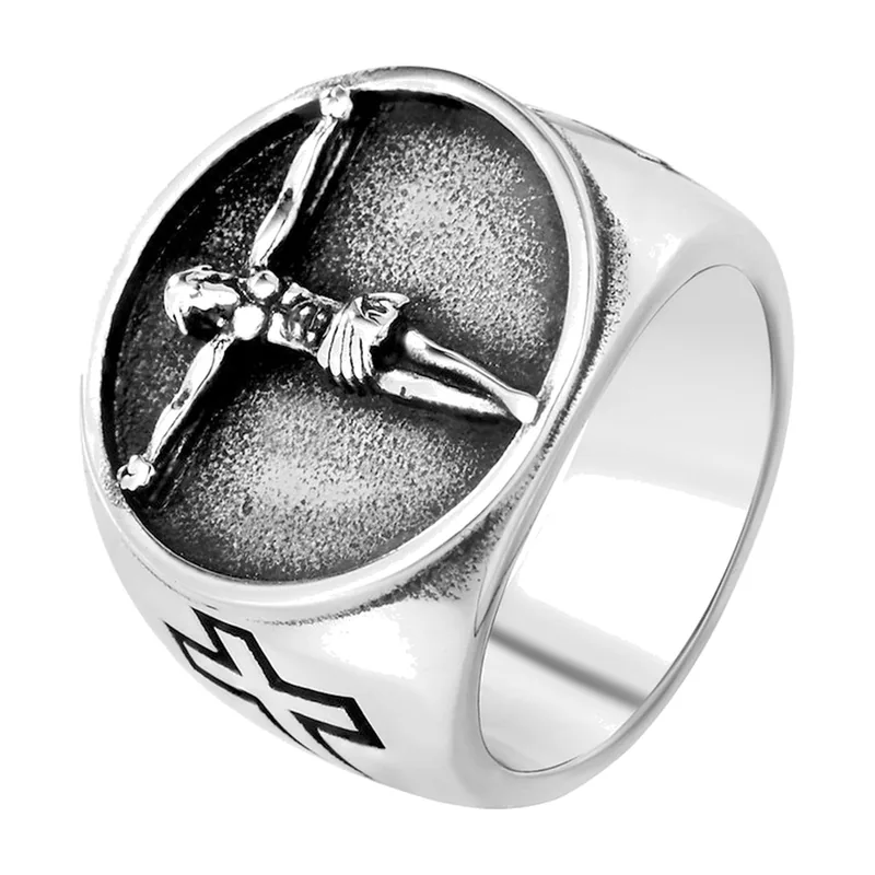 Bague Chevalière avec Motif Crucifix, Acier Inoxydable