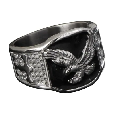 Eagle Signet Ring with Black Enamel, Stainless Steel