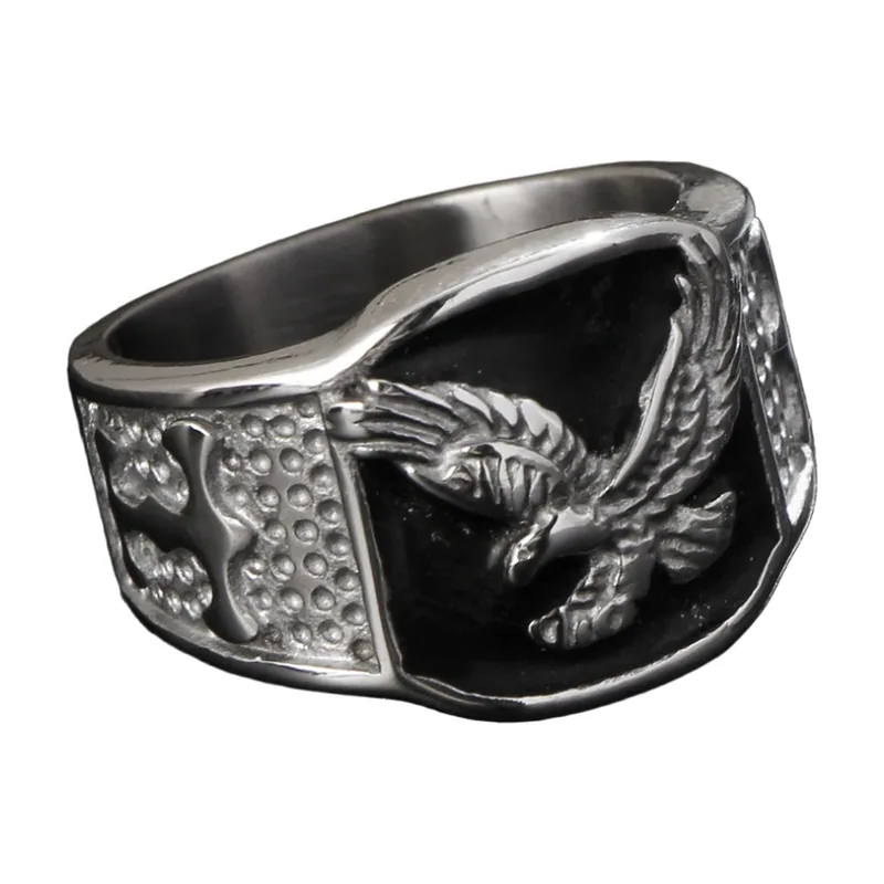 Chevalière Aigle avec Émail Noir, Acier Inoxydable