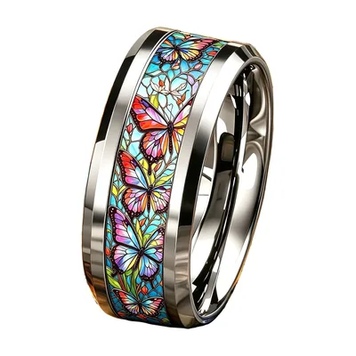 Anillo de Banda con Mariposa estilo Vidriera, Acero Inoxidable