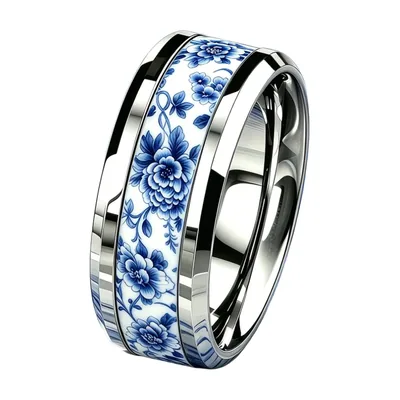 Anello a fascia con motivo floreale blu e bianco stile porcellana, Acciaio Inossidabile