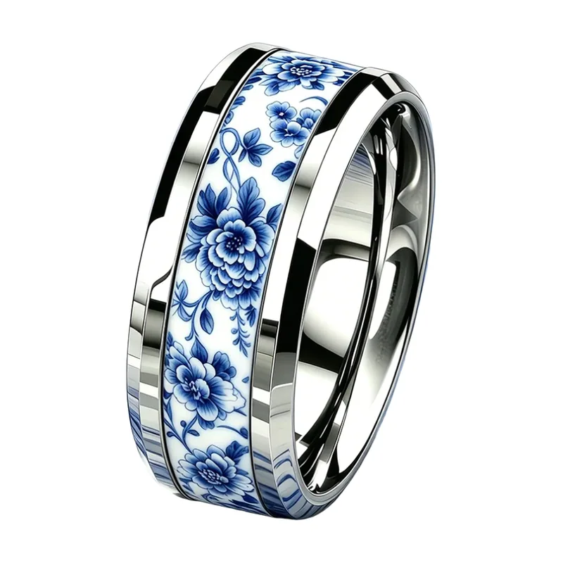 Floral Pattern Band Ring in Blue and White Porcelain Style, Stainless Steel