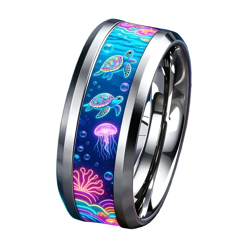 Bague Motif Tortue Marine et Méduse, Acier Inoxydable