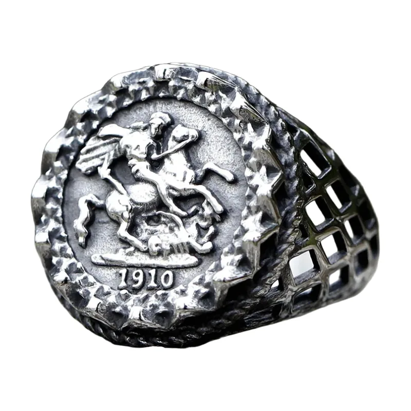 Chevalière au motif Cavalier et Cheval, Acier Inoxydable Antique