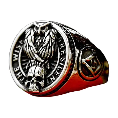 Anillo de Sello Cuadrado con Búho y Calavera, Acero Inoxidable 316L